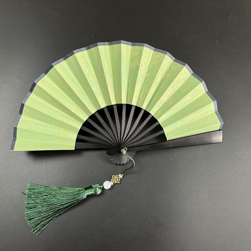 Ventaglio pieghevole mini in carta Xuan verde scuro dorata da 4-6 pollici per calligrafia e pittura