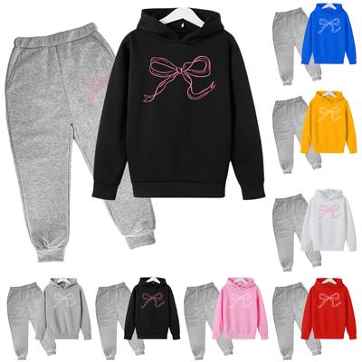 Kids' Plush Long Sleeve Long Pants Loose Pullover Bow Print Hoodie Set