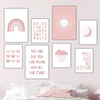 Rosa Arco-íris Sol Lua Nuvens Amado Sol Pôsteres Impressões Doce Coração Menina Arte de Parede Tela Imagens para Casa Decoração de Quarto Infantil
