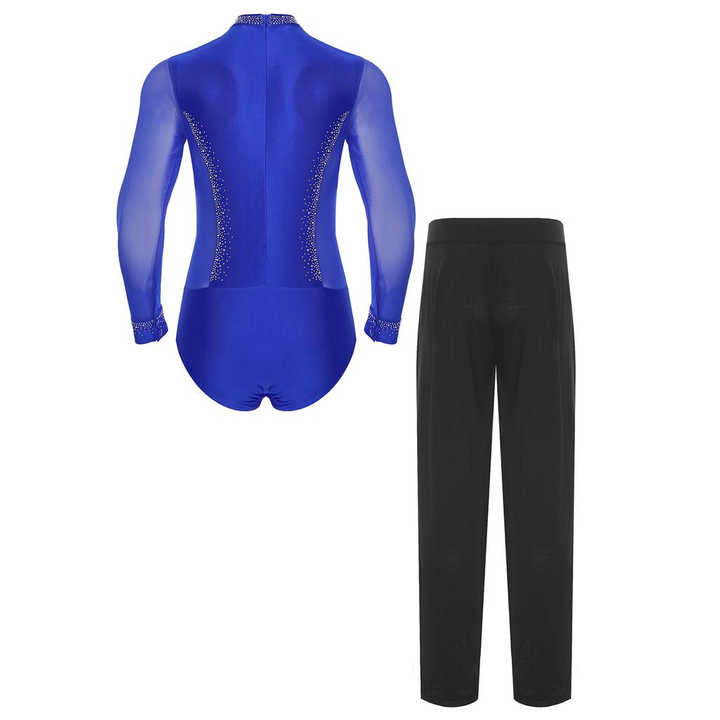 Mens Latin Dance Costume Mock Neck Long Sleeve Shiny Rhinestones Mesh Leotard Bodysuit High Waist Pants Chacha Set