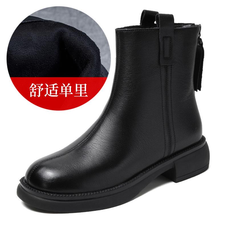 Leather Women's Shoes 2026 Autumn and Winter New British Retro Rear Zipper Thick Heel Boots Martin Boots Skinny Boots Women's Short Boots