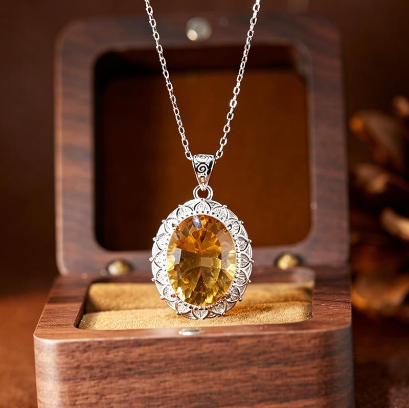 Large Carat Natural Citrine Amethyst Pendant Necklace for Women, S925 Silver with Colored Gemstones
