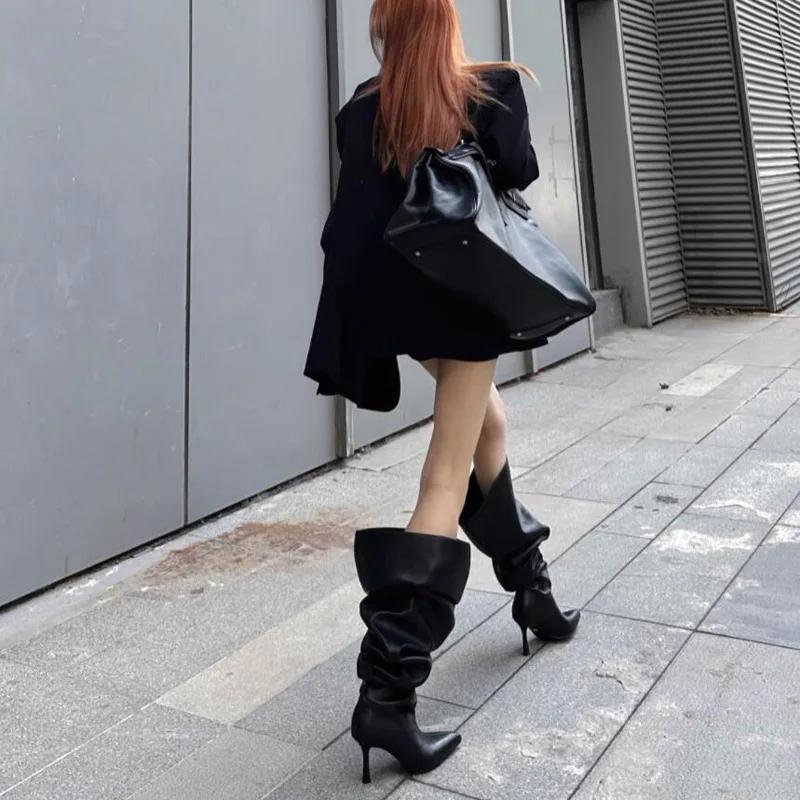Boot Leg Long Boots Women European and American Fashion Sexy Pointed Thin High Heels Women Comfort Pleated Women's Boots 2026