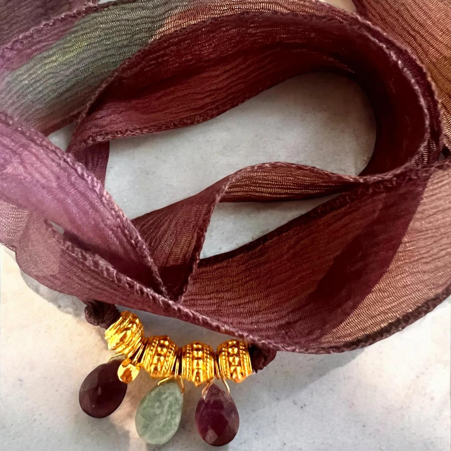 

Gradual Change Silk Scarf Necklace Natural Stone Water Drop Pendant Bohemian Cloth Strip Artistic Sense Fashion Jewelry Women