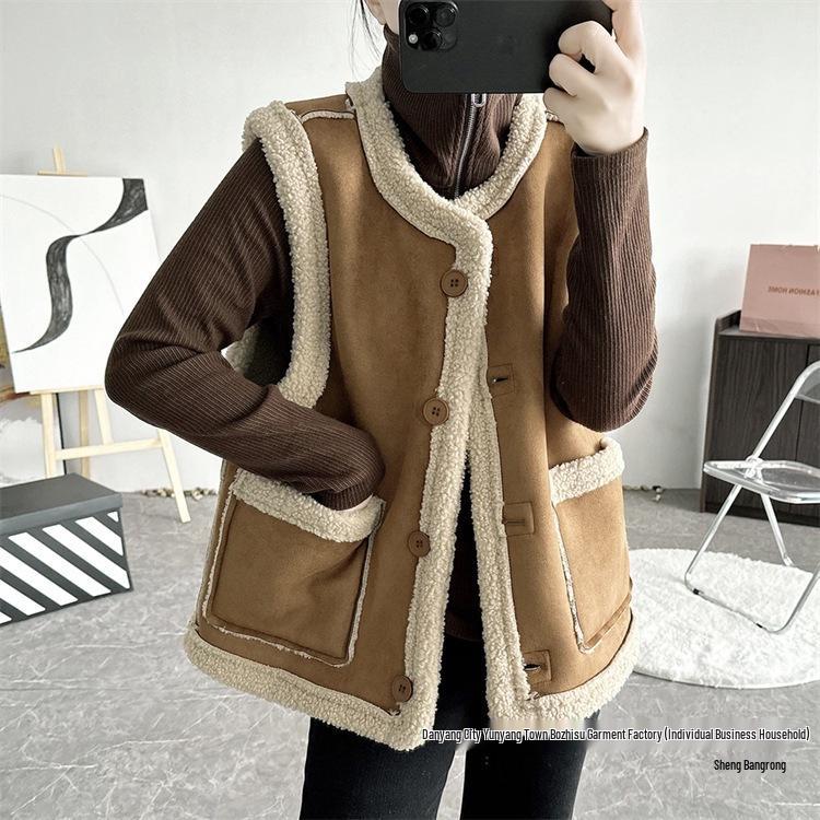 Women's Reversible Lamb Wool Vest - Retro Double-Sided Fleece, Brown, Autumn/Winter Hong Kong Style