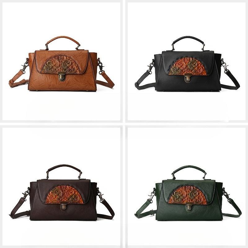 Genuine Leather Women's Bag, Retro Embossed Totem Crossbody Handbag, Color-rubbed Lock Buckle Small Square Bag