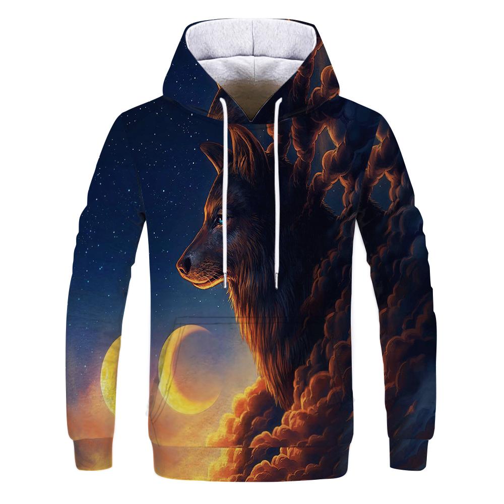 Spring Autumn Men's Junior Wolf Hoodie Fashion 3D Wolf Printing Loose Streetwear Funny Animal Street Hip Hop Casual Sweatshirt