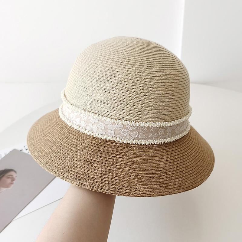 Elegant splicing top hat straw bucket hat women's summer seaside vacation sun protection UV shade straw hat