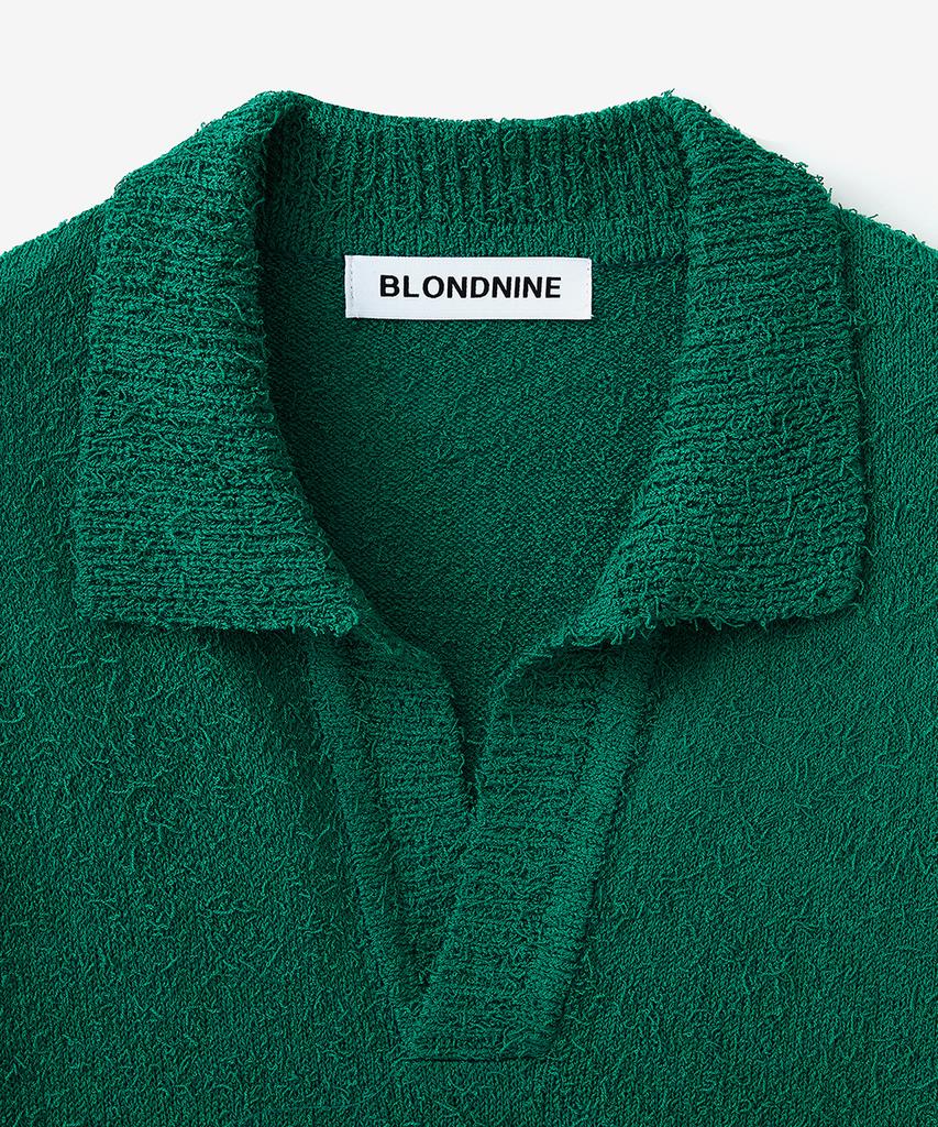 BLOND9 Tail Yarn Open Collar Short Sleeve Knit_Green