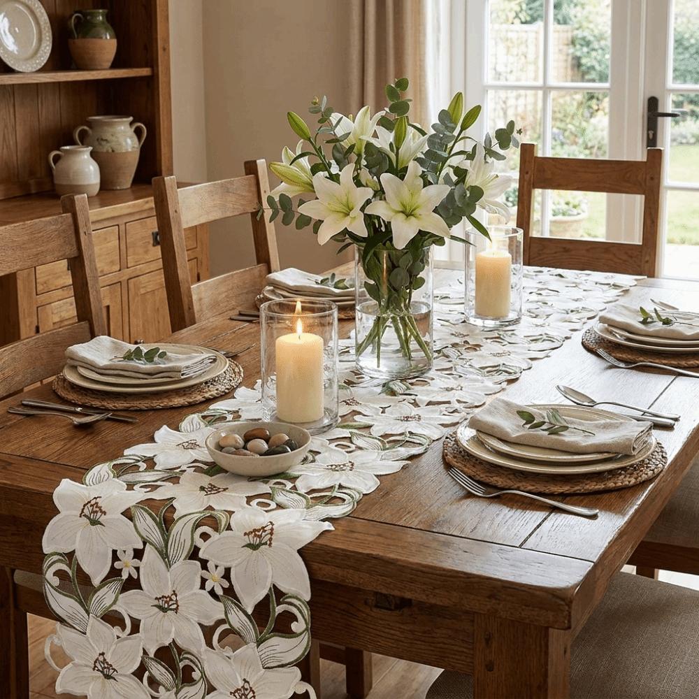 Hollow Design Embroidered Table Runner with Tassel Flower Table Mat Tablecloth Holiday Party