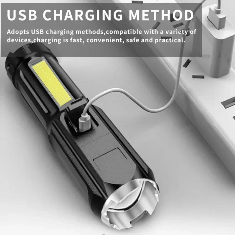 High Power Led Flashlight Super Bright Rechargeable Zoom Torch with COB Side Lights Outdoor Camping Night Fishing Lantern