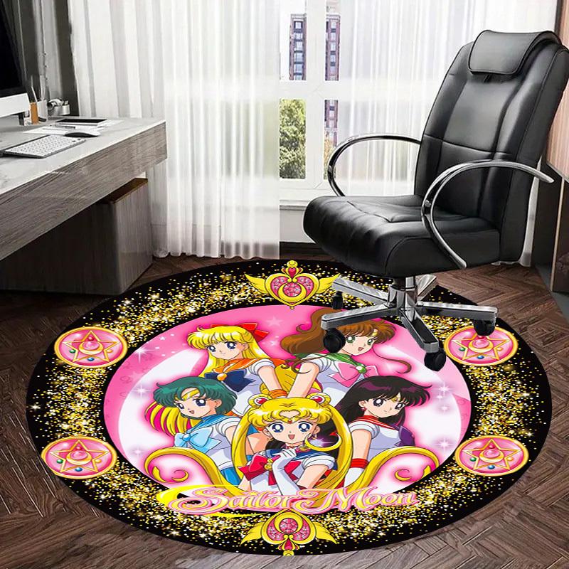 1pc Sailor Moon Characters Artwork Round Carpet, Made of Polyester,Perfect for Decorating Office Chairs, Living Rooms
