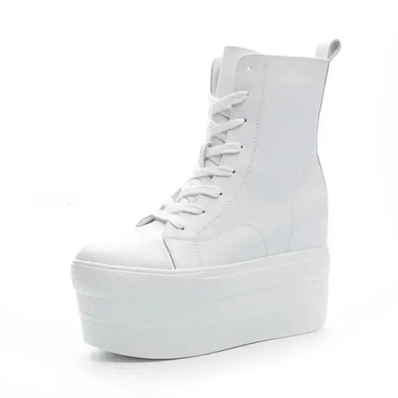 Autumn Genuine Leather 10CM  Super Thick Sole Platform Wedge Hidden Heel Boots Shoes Zipper Winter Boots Ankle Warm Booties