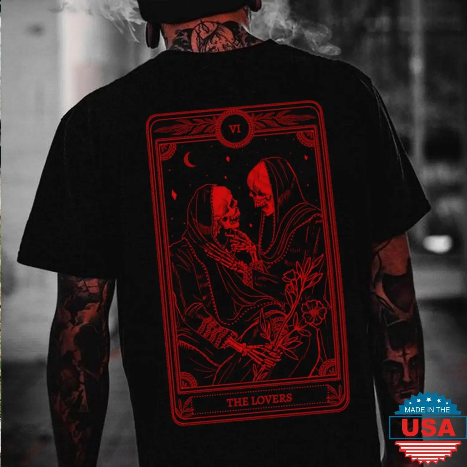 THE LOVES Two skeletons with Flowers Red Graphic Casual Black Print Unisex T-Shirt L