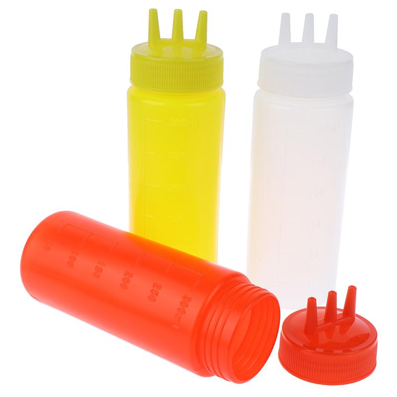 3 Holes Sauce Squeeze Bottle Condiment Dispenser Container Salad Dressing Seasoning Ketchup Mustard Storage Jar Kitchen Tools