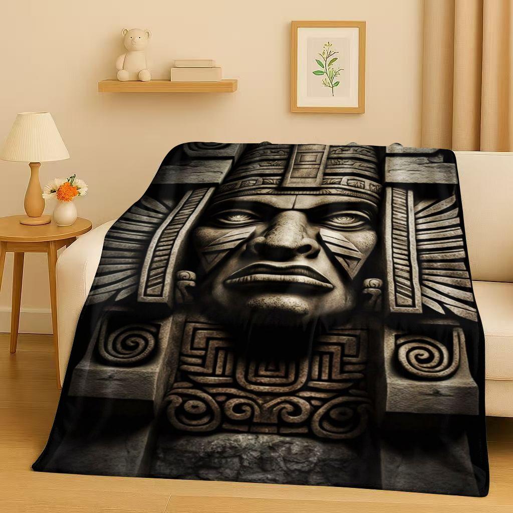 Retro Aztec Totem Maya Mask Sun God Flannel Blanket,Ultra Soft Warm Plush Throw for Home Bedroom Bed Sofa Cover Office Gift Kids