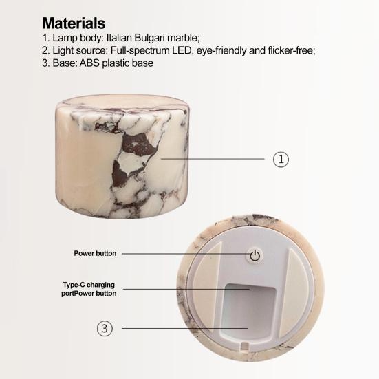 Marble Night Light Portable Touch Bedside Table Lamp Adjustable Lighting Modes Rechargeable Cordless LED Light Ambient Lighting for Bedroom Office