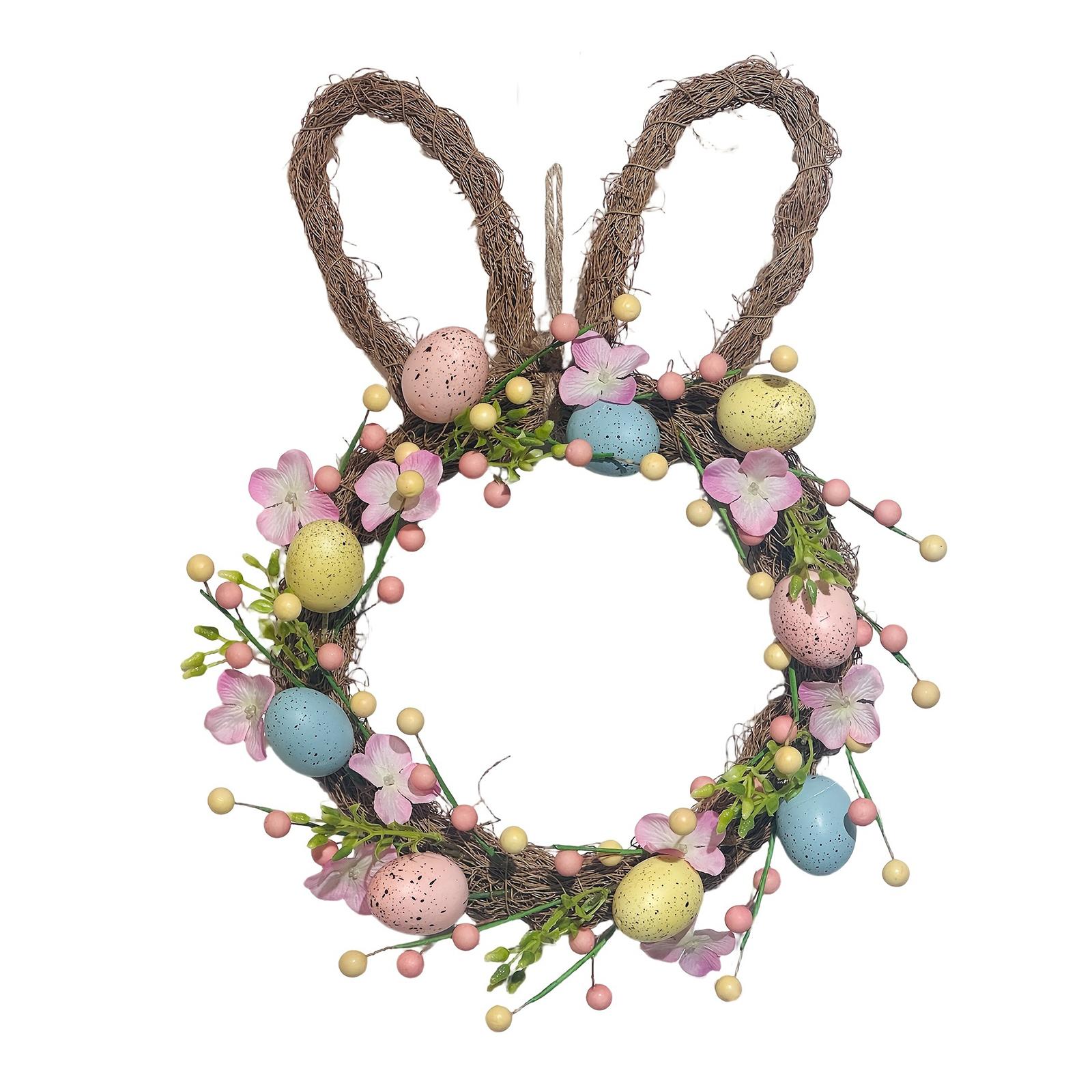

Easter Bunny Wreath for Porch Front Door Cute Garland Easter Wreath with Artificial Floral & Colorful Eggs Festival Decorations