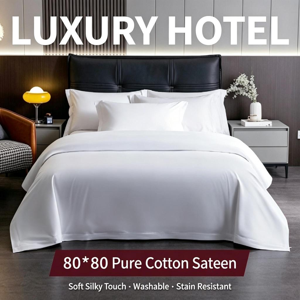 White Cotton Sateen Bedding Set Hotel Style 60S Soft Duvet Cover Sheet All Season