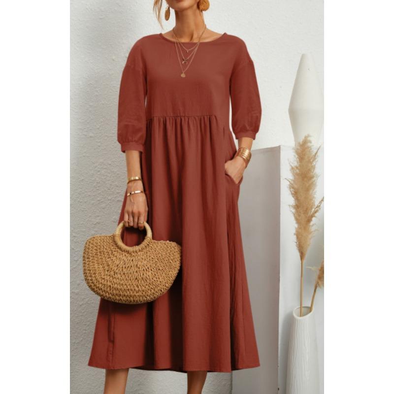 YYFS Women's Fashion Summer Spring Solid Color Print Short Sleeve O-Neck Loose Waistline Casual Dresses