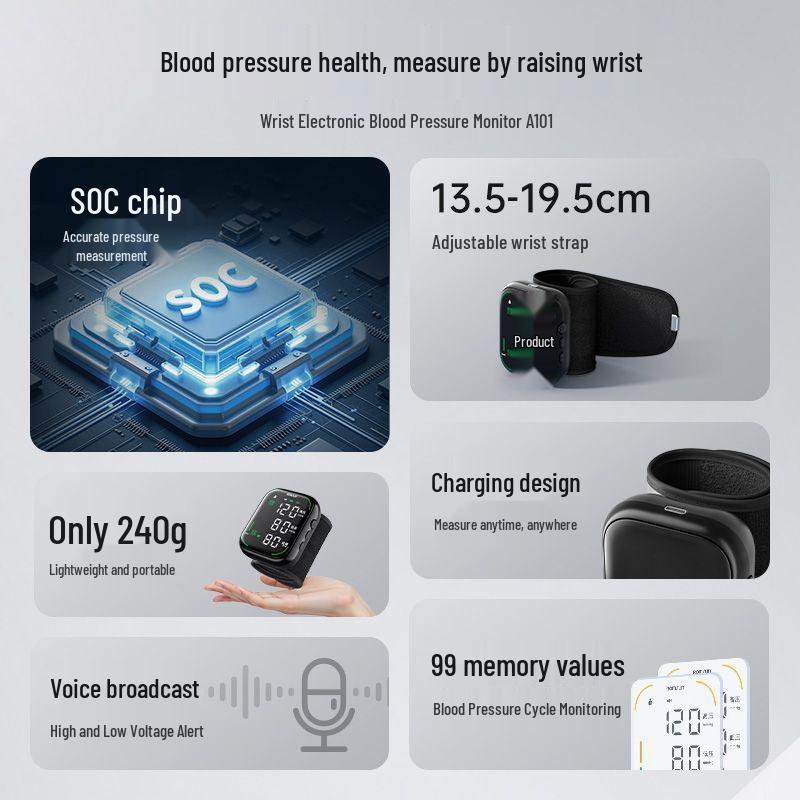 Zhuochen Rechargeable Backlit Wrist Blood Pressure Monitor, Large Screen, Fully Automatic.