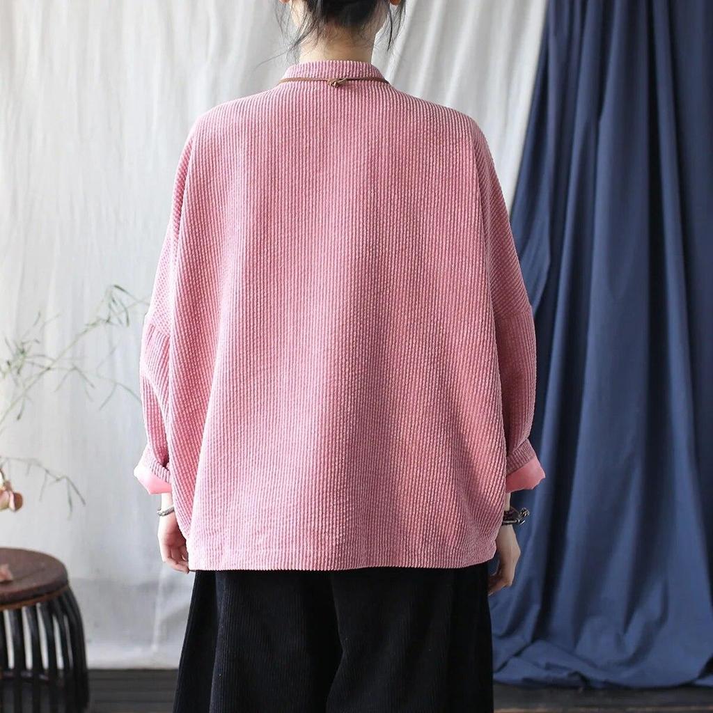 Johnature Dámské Vintage Stojáčkové Bundy Stojáčkové Dlouhý Rukáv Podzimní Kabáty Knoflík Jednobarevné Patchwork Kapsy Bundy