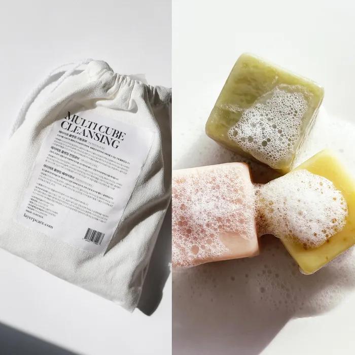 A Soothing Moisturizing Layering Cube That Builds Up Like Vitamins On the Skin. 160g Cream Soothing Barrier Composition and Cotton Pouch and Bubble