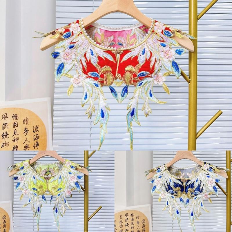 Embroidery Floral Neckline Capelet Pearl Beaded Shawl Hanfu Dresses Fake Collar