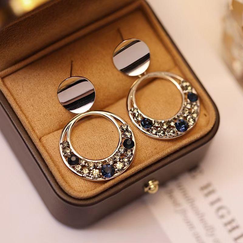 New Round Silver Colour Inlaid Blue Crystal Earrings Women's Personality Fashion Earrings Wedding Jewelry Birthday Gifts