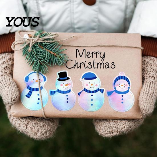 Self-adhesive Coated Paper Labels 500PCS Shiny Snowman Stickers, Waterproof Self Adhesive Labels, Round Roll of 500 Christmas Tags Decorative
