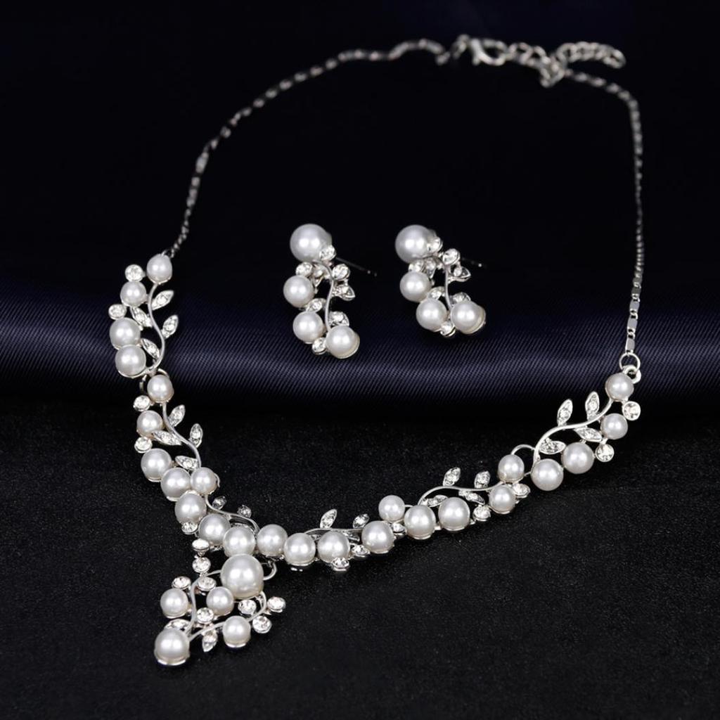Kvinnor Elegant Faux Pearl Rhinestone lämnar halsband örhängen Bröllop smycken Set