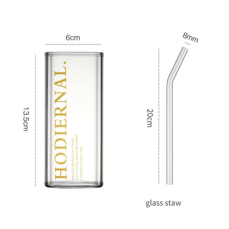 Quadratische Kaffeetasse aus Glas, bedruckt, transparent, hitzebeständig, große Kapazität, hoher Strohhalm, Trinkgeschirr für Mousse, Wein, Wasser, Saft, Milch