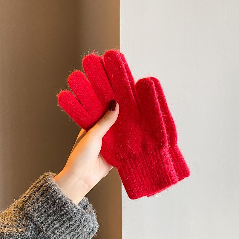 Finger gloves winter women's new thickened warm solid color cute student cycling cold-proof wool gloves women