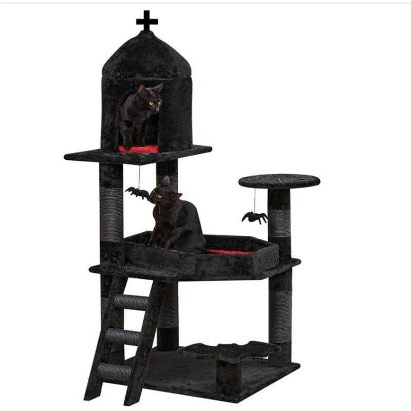 Gothic Cat Tree with Coffin Bed 55 Cat Tower with Spacious Cat Condo Scratching Posts Spider Hanging Ball Black Halloween