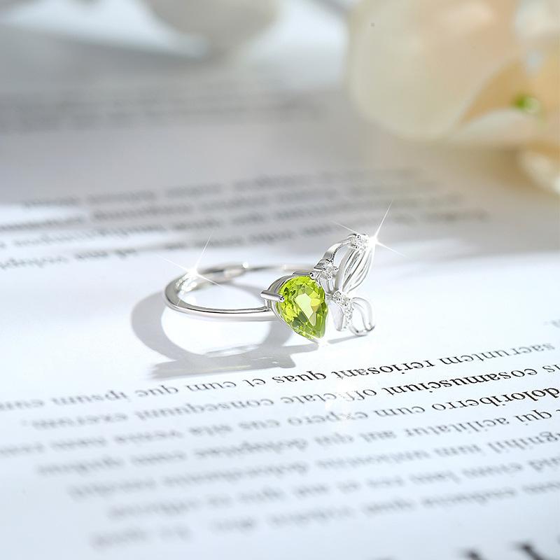 S925 Sterling Silver Butterfly Crystal Open Ring, Adjustable Natural Stone Band, Elegant Dainty Jewelry for Women, Daily Wear & Gift