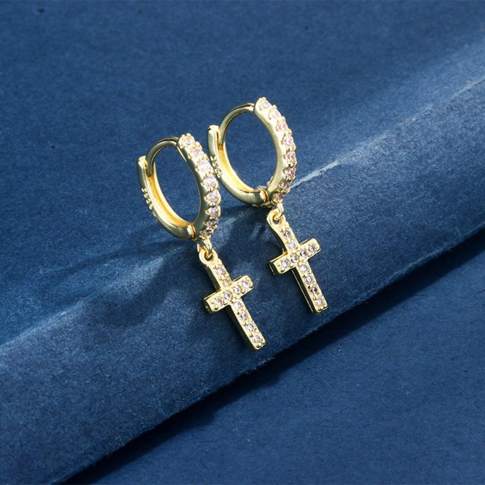 Fashion Punk Tone Full Inlay Zircon Cross Pendant Huggie Hoop Earrings for Women Men Exquisite Personality Couple Ear Jewelry