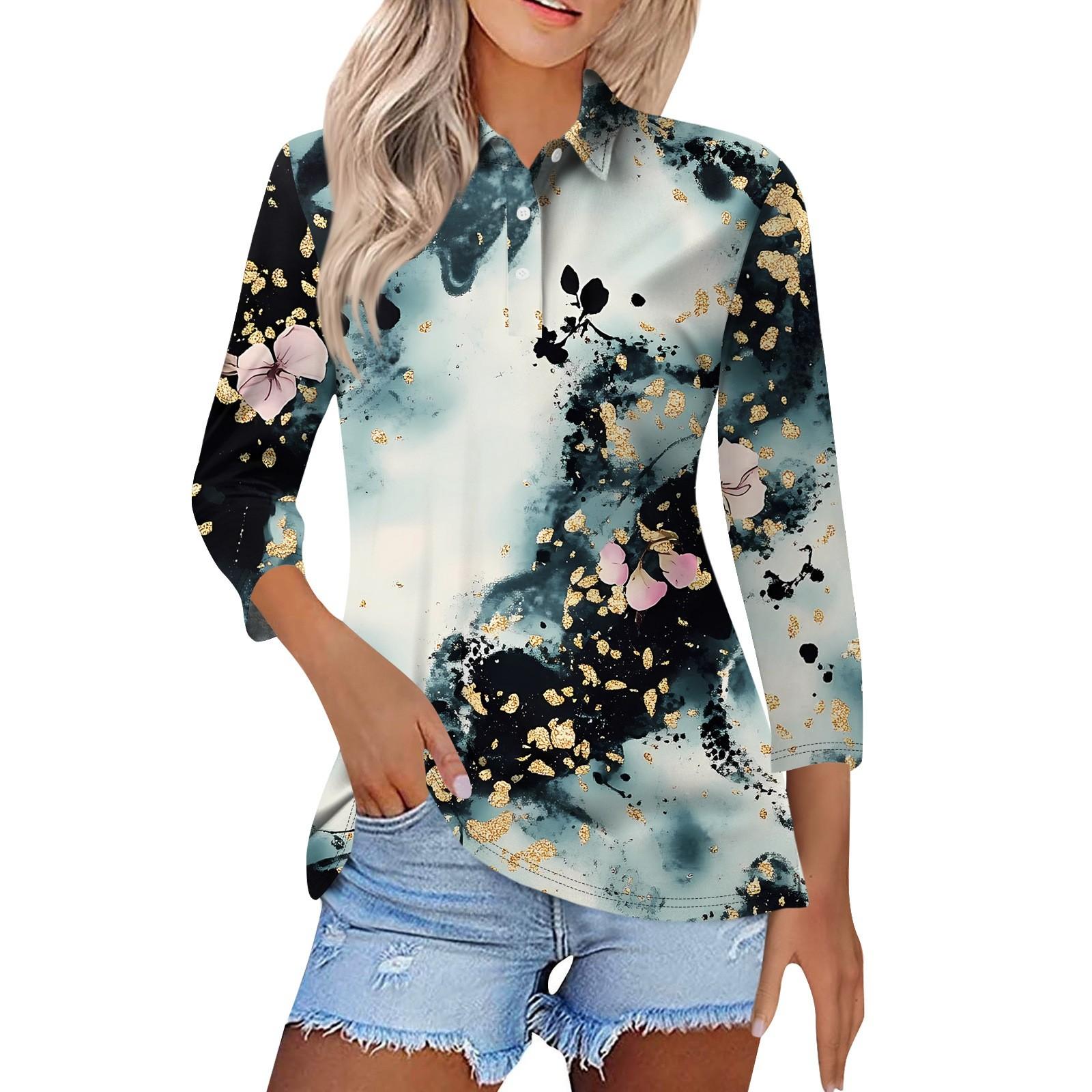 

Женская модная повседневная рубашка с короткими рукавами 3/4 с лацканами и принтом, женские топы на пуговицах L чёрный