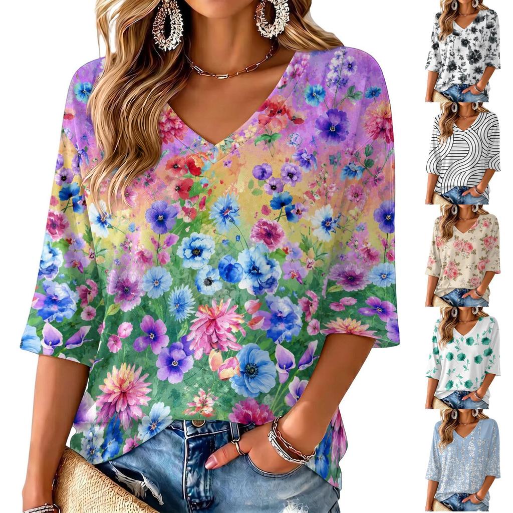 Women's V-Neck Retro Floral Print Lightweight Blouse for Spring and Summer