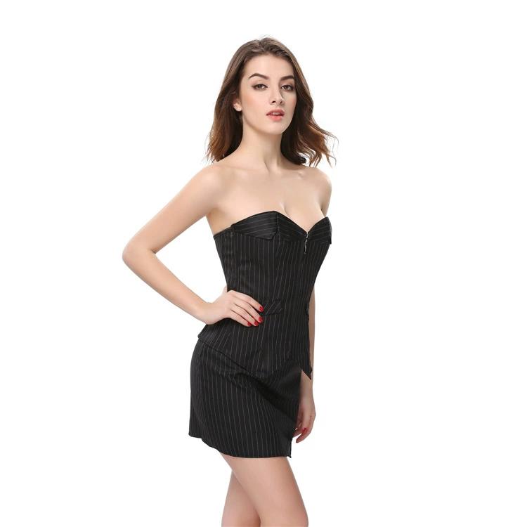 Elegant black chest straightened slim fitting corset set, sexy white-collar professional suit
