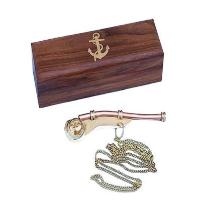 Loud Sound Bosun's Whistle Brass, Copper Boatswains Pipe with Solid Wood Storage Box for Collectible, Nautical Gift Item