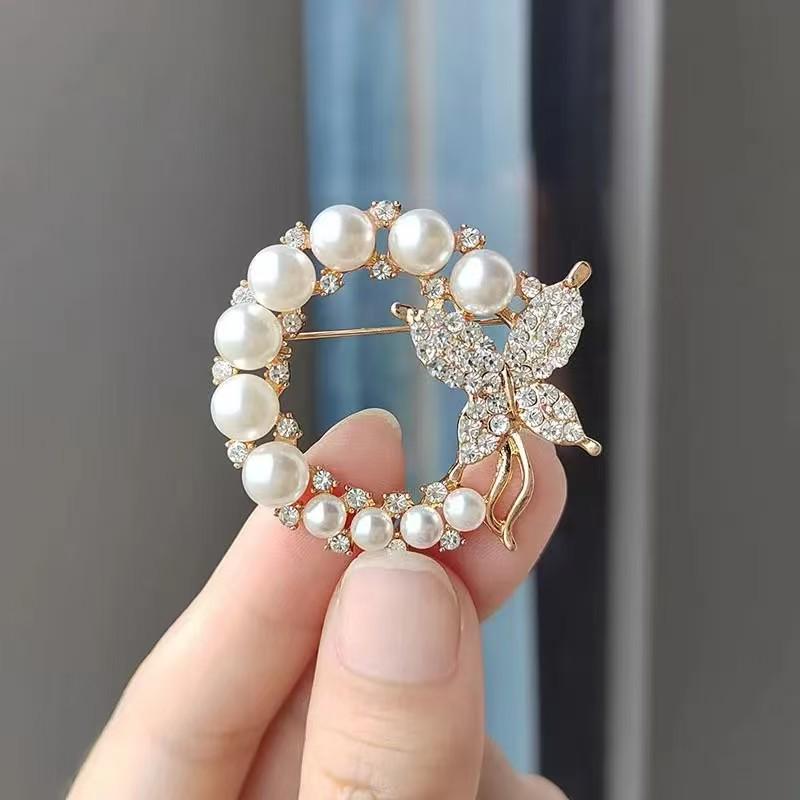 Artistic Korean Butterfly Brooch with Rhinestones & Pearls - Fashionable, Trendy Clothing Accessory