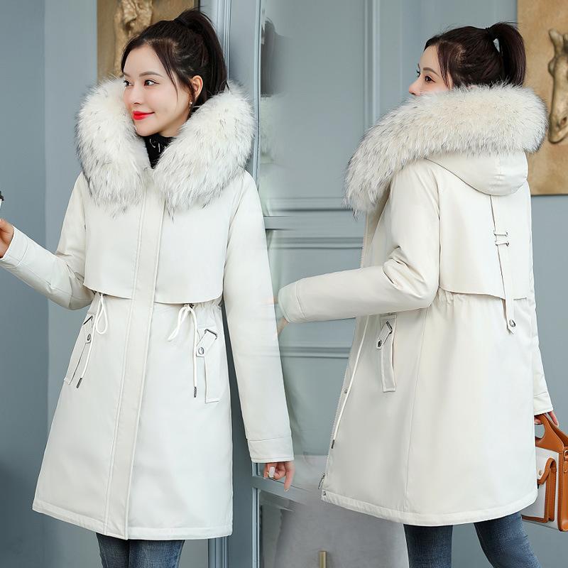 8XL Women Autumn Winter Big Fur Collar Wool Liner Hooded Outwear Jacket Slim Long Coat Casual Parkas Cotton Warm Coats Female