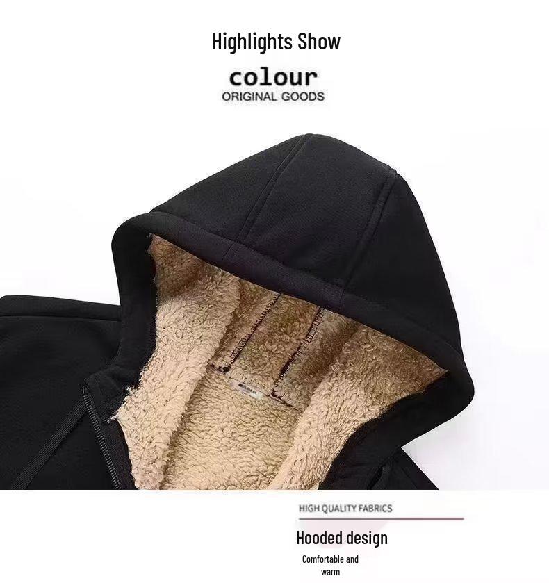 Felpa con cappuccio da uomo nera in lana d'agnello foderata in pile con zip - Invernale taglia forte ampia giacca cardigan