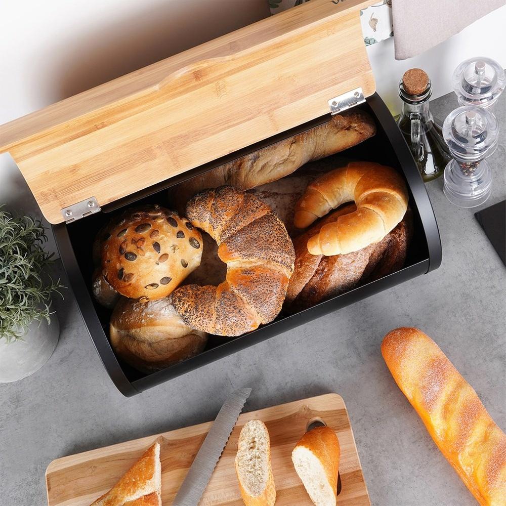 Black Metal Bamboo Bread Bin Kitchen Container for Bread
