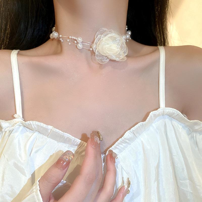 Super fairy three-layer imitation pearl mesh flower choker necklace sweet Internet celebrity neck necklace