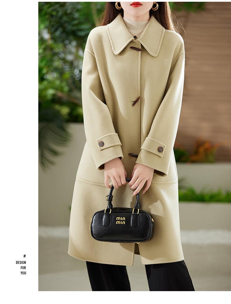 Women's Slim Fit Long Wool Coat with Wide Lapel and Toggle Closure - Double-Faced Woolen Overcoat for Autumn/Winter