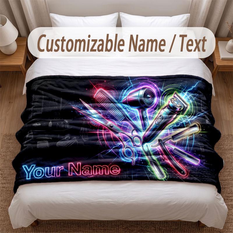 Barber Salon Theme Soft Blanket Personalized Custom Name Text Print Warm Blanket Home Sofa Bedroom Decor