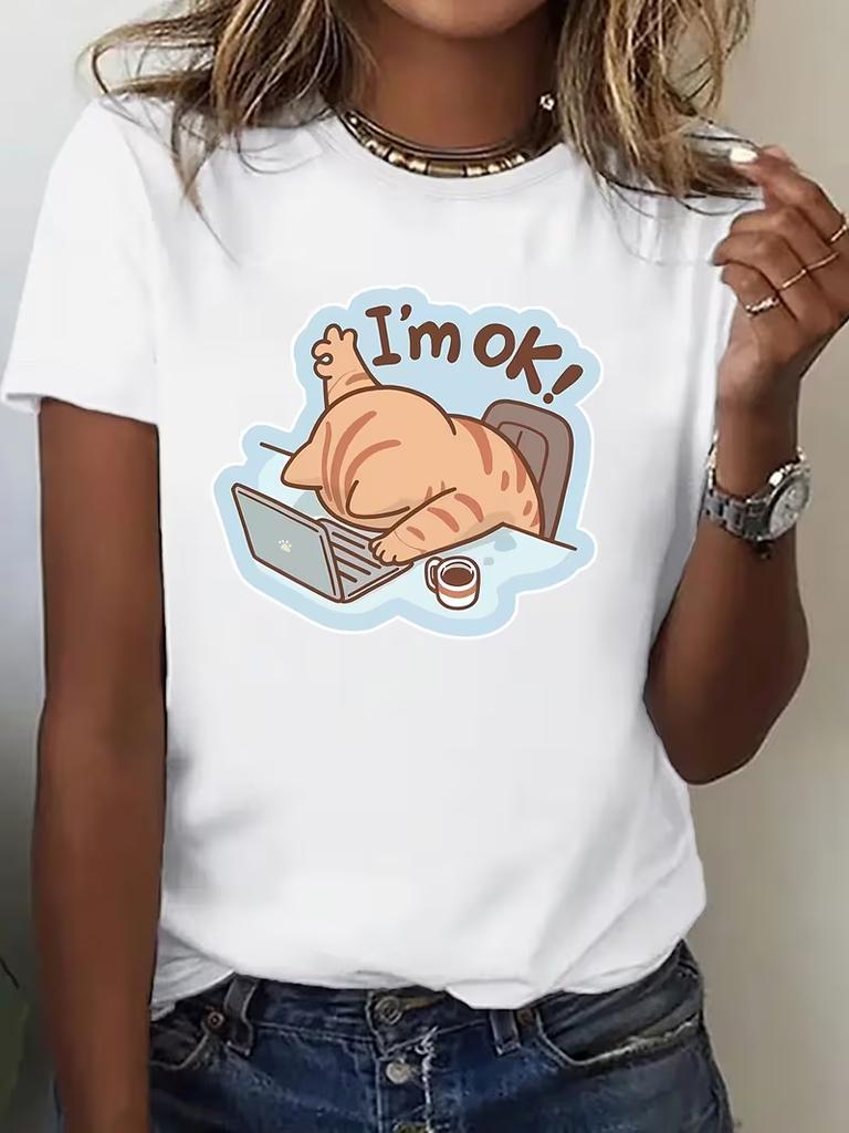 Cute Working Cat Im OK TShirt WomenS Casual Short Sleeve Whimsical Cat Laptop Design Perfect for Daily Streetwear