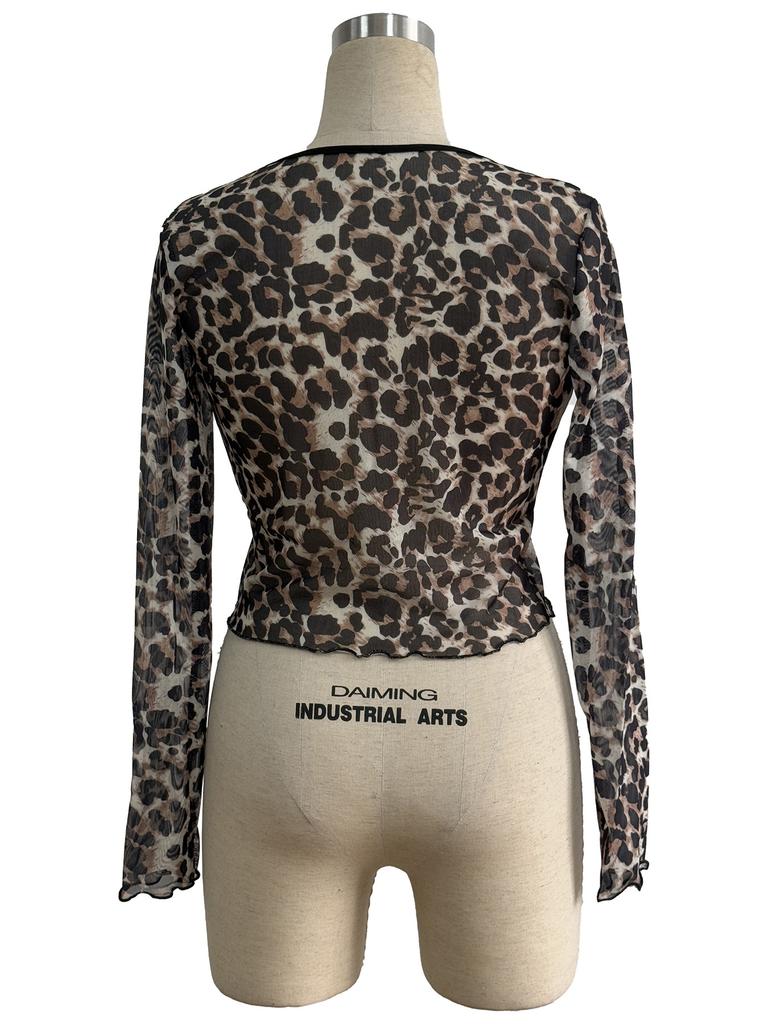 Spring Summer Women's Sheer Mesh Leopard Print Front Tie Long Sleeve Top Fashion Daily Basic Office Lady Casual Slim Fit Ladies Elegant Top