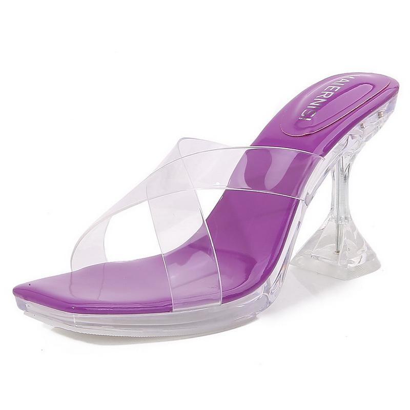 

Women Crystal High Cup Heel Sandals Cross Strap Transparent Roman Slide Sandals for Daily Office Nightclub Party Banquet Wedding 43 фіолетовий